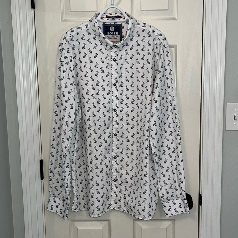 Noize Amsrtdm‎ Men's White Black Pelican Print Button Up Dress Shirt Sz XXL